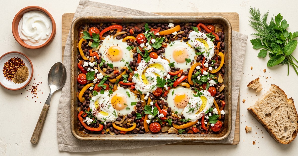 Sheet Pan Turkish Black Bean Sauté with Baked Eggs and Yogurt