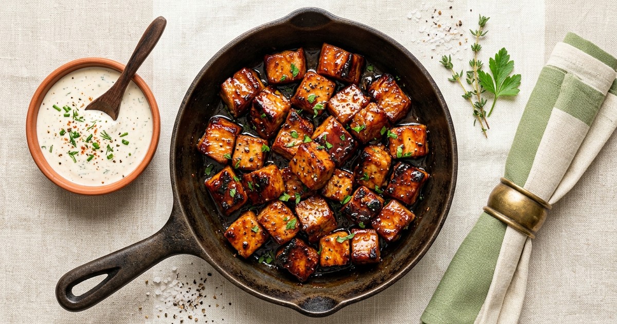 Skillet American Pork Burnt Ends with Smoky Yogurt Ranch