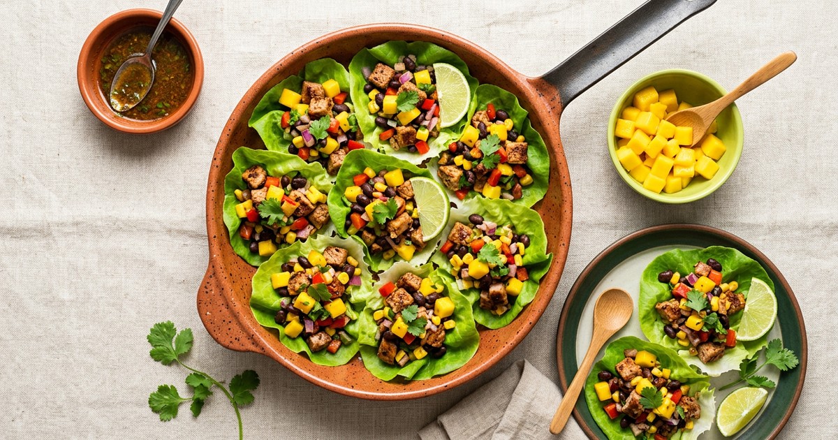 Skillet Caribbean Jerk Pork and Mango Lettuce Cups