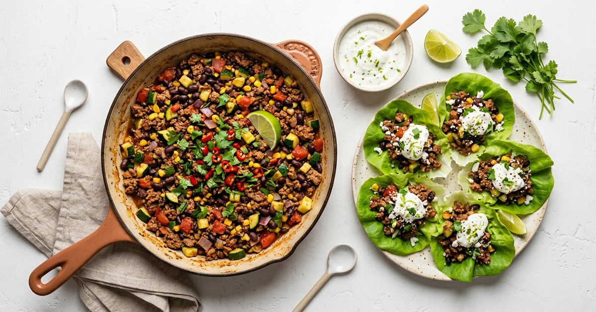 Skillet Mexican Beef Picadillo Lettuce Cups with Lime Yogurt