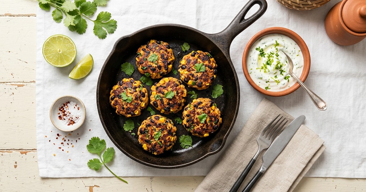 Skillet Mexican Chicken and Black Bean Mini Patties with Lime Yogurt