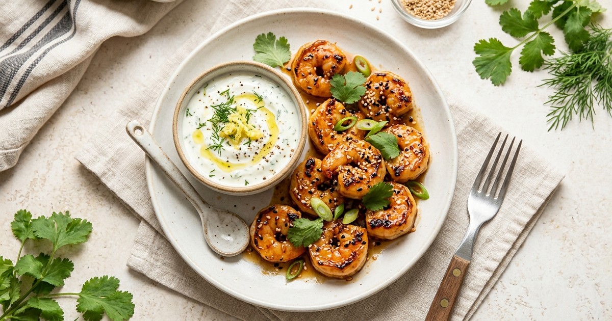 Skillet Miso-Sesame Shrimp Bites with Ginger Yogurt Dip