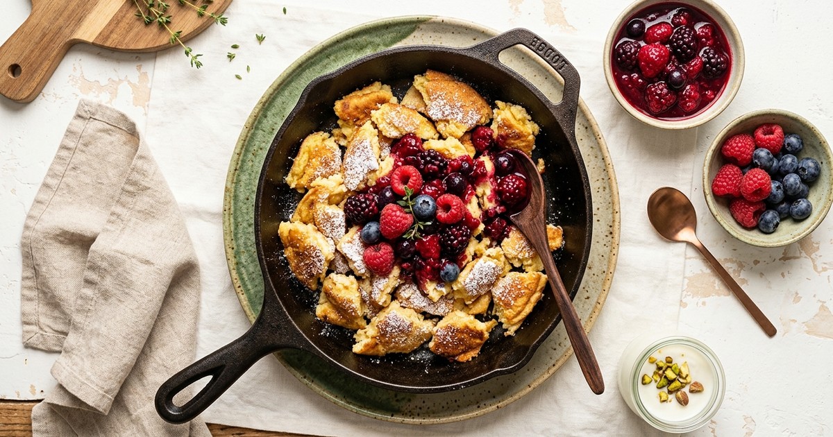 Skillet Viennese Protein Kaiserschmarrn with Warm Berry Compote