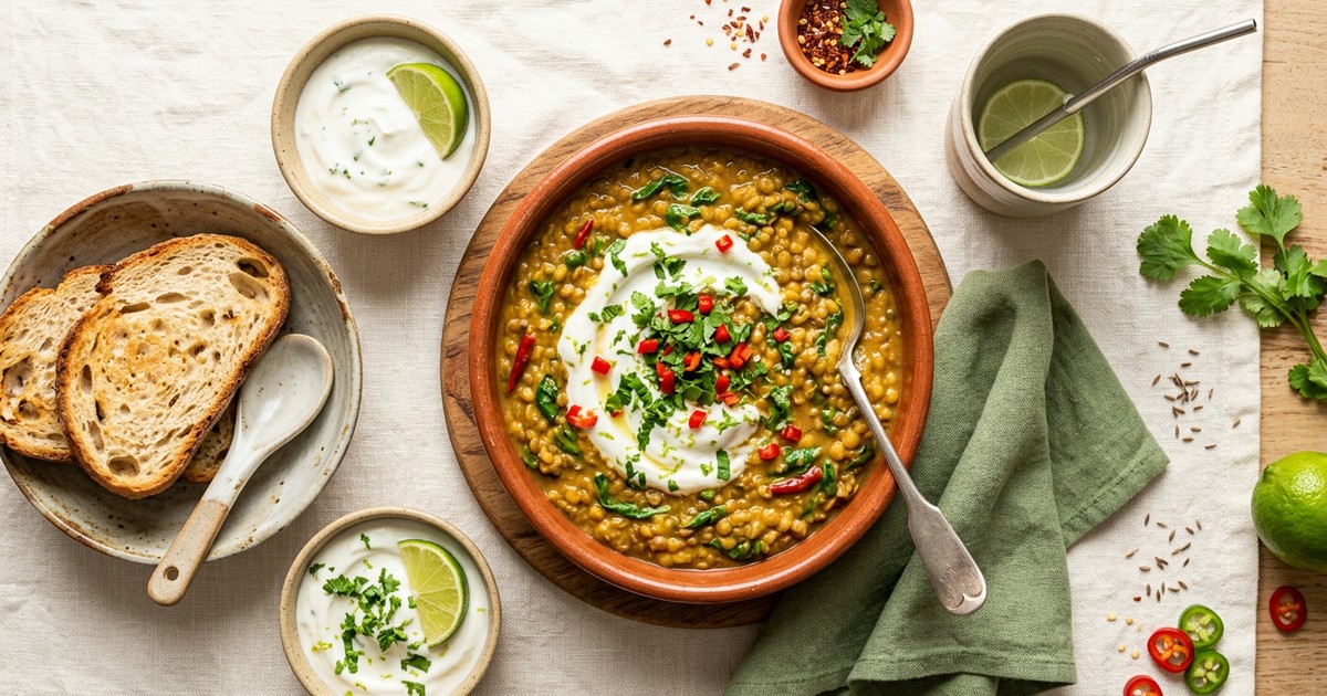 Slow Cooker Trinidadian Lentil Dhal with Lime Yogurt