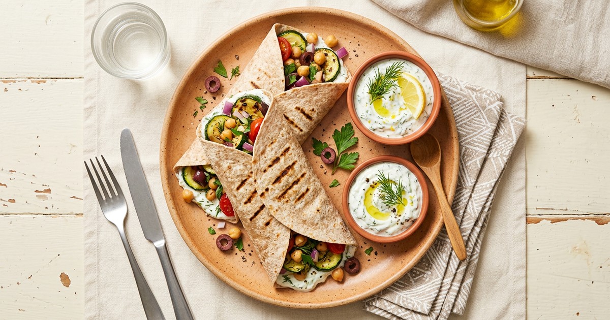 Stir-Fried Greek Zucchini and Chickpea Yogurt Wraps