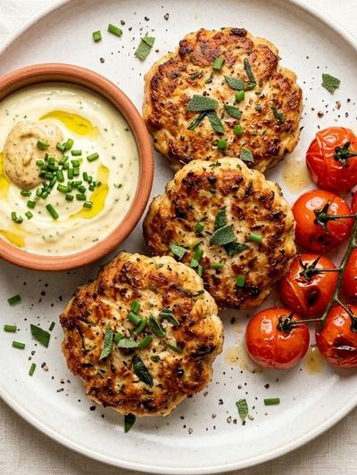 Air Fryer British Chicken Sage Breakfast Patties with Mustard-Chive Yogurt