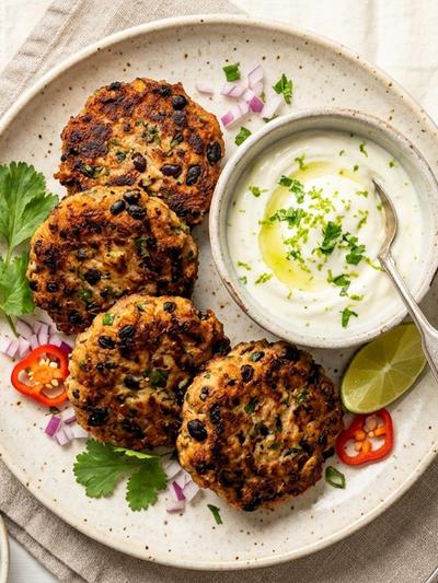 Air Fryer Caribbean Pork and Black Bean Patties with Lime Yogurt