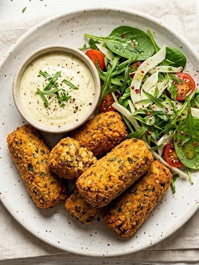 Air Fryer French Tempeh and Lentil Croquettes with Dijon-Tarragon Yogurt