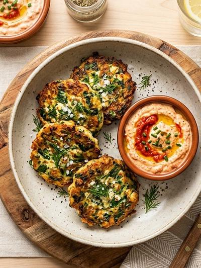 Air Fryer Greek Egg and Spinach Patties with Red Pepper Yogurt