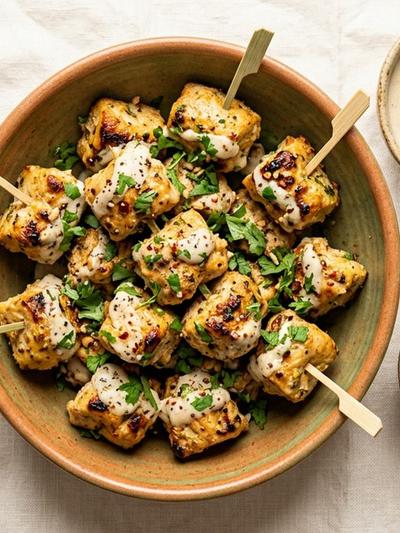 Air Fryer Indian Chicken Reshmi Kebab Bites with Cashew Yogurt