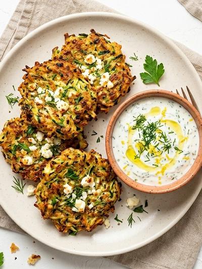 Air Fryer Mediterranean Turkey and Zucchini Fritters with Lemon-Dill Yogurt