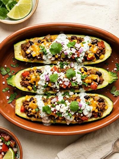 Air Fryer Mexican Beef Taco Zucchini Boats with Cilantro Yogurt
