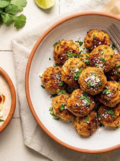 Air Fryer Mexican Chicken Albóndigas with Chipotle Yogurt