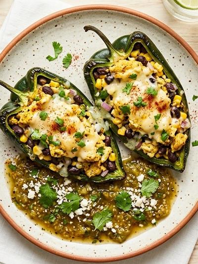 Air Fryer Mexican Egg-Stuffed Poblanos with Charred Tomatillo Salsa