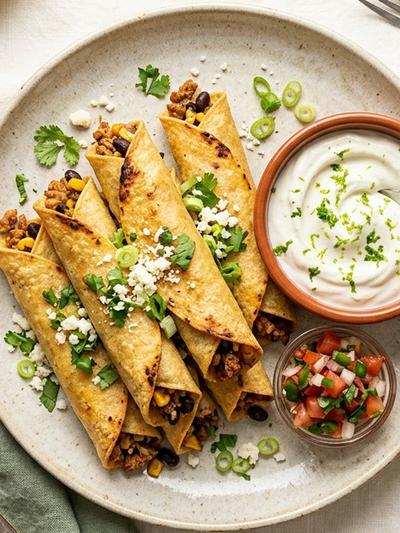 Air Fryer Mexican Turkey and Black Bean Taquitos with Lime Yogurt