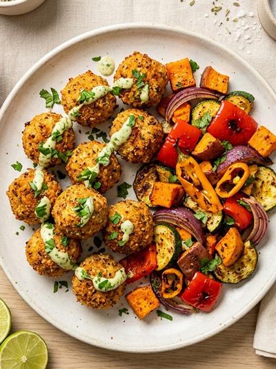 Air Fryer Peruvian Cottage Cheese Bites with Aji Roasted Vegetables