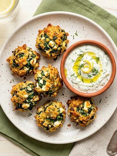 Air Fryer Spanakopita Chicken Breakfast Bites with Lemon-Herb Yogurt