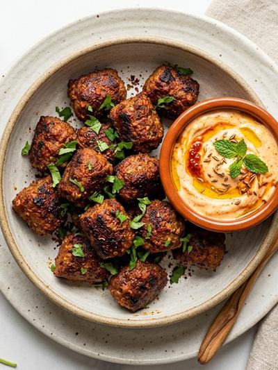 Air Fryer Tunisian Beef Merguez Bites with Harissa Yogurt