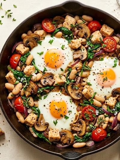 British Chicken and Mushroom Breakfast Skillet with Soft Eggs