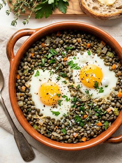 Burgundy Baked Eggs with French Green Lentils and Dijon