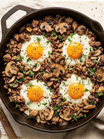 Czech Turkey and Mushroom Breakfast Skillet with Caraway Eggs