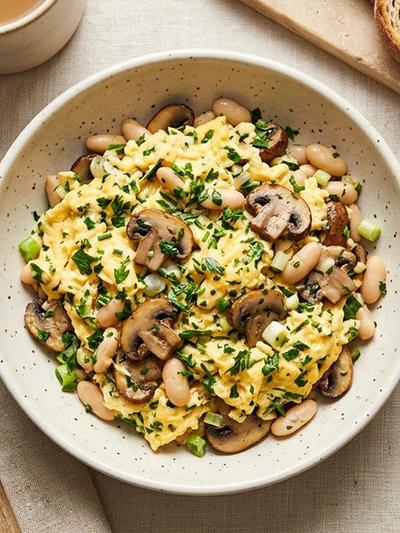French Fines Herbes Egg Scramble with Mushrooms and White Beans
