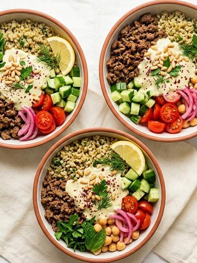 Meal Prep Levantine Beef and Freekeh Bowls with Lemon-Herb Tahini