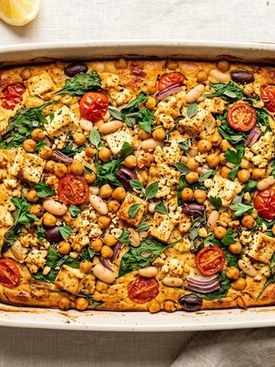Meal Prep Mediterranean Chickpea Breakfast Bake with Tofu and Spinach