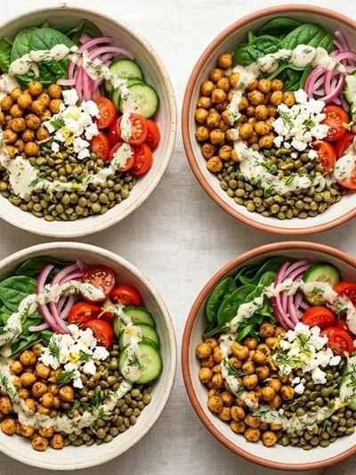 Meal Prep Mediterranean Lentil Breakfast Bowls with Crispy Chickpeas