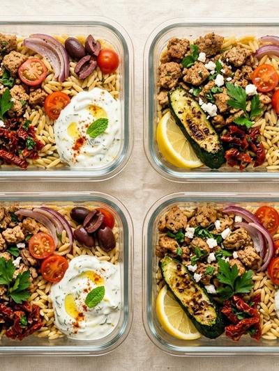 Mediterranean Turkey and Orzo Meal Prep Bowls with Lemon-Herb Yogurt