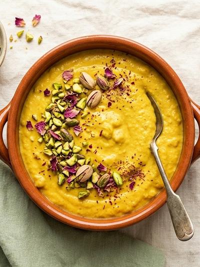 One-Pot Mediterranean Saffron Chickpea Pudding with Rose and Pistachio