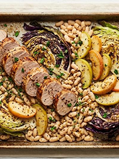 Sheet Pan Alsatian Pork Tenderloin with Roasted Cabbage and Apples
