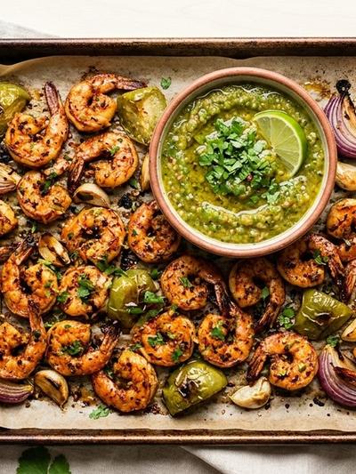 Sheet Pan Ancho-Lime Shrimp Bites with Charred Tomatillo Dip