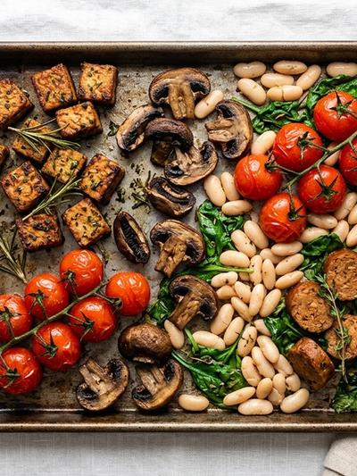 Sheet Pan British Tempeh Breakfast Roast with Mushrooms and White Beans