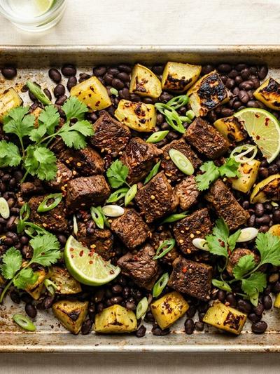 Sheet Pan Caribbean Adobo Beef with Roasted Chayote and Black Beans