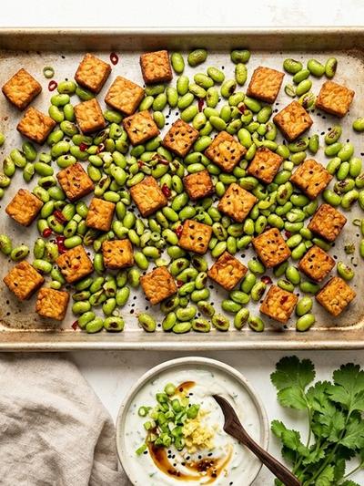 Sheet Pan Five-Spice Tempeh and Edamame Bites with Ginger Yogurt