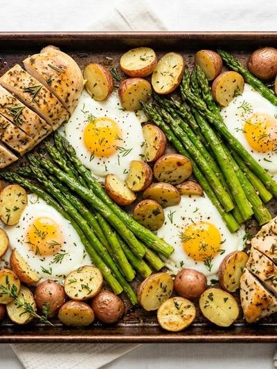 Sheet Pan French Chicken and Asparagus Breakfast with Herbed Baked Eggs