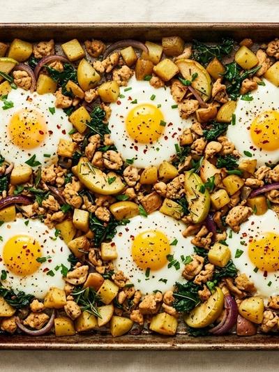 Sheet Pan German Chicken and Apple Breakfast Hash with Baked Eggs