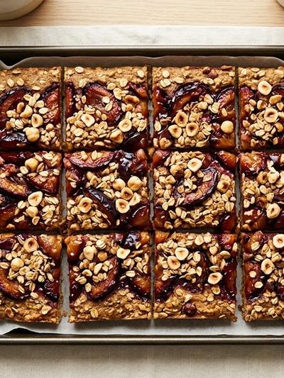 Sheet Pan German Plum and Hazelnut White Bean Protein Bars