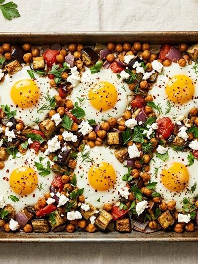 Sheet Pan Greek Baked Eggs with Roasted Eggplant, Chickpeas, and Feta