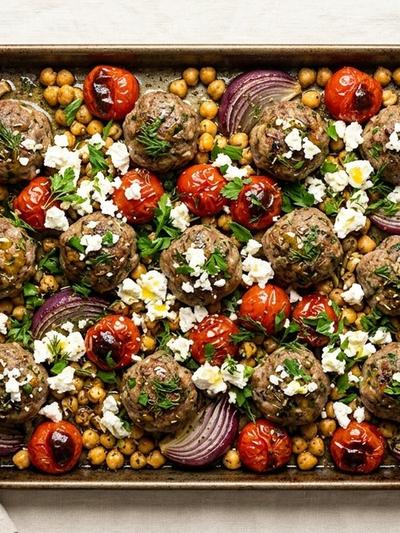 Sheet Pan Greek Beef Keftedes with Roasted Tomatoes and Feta