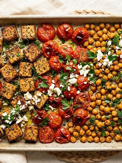 Sheet Pan Greek Oregano Tempeh with Burst Tomatoes and Crispy Chickpeas