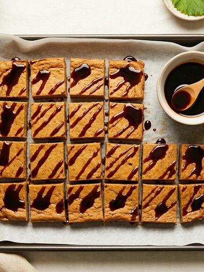 Sheet Pan Japanese Kinako Tofu Protein Squares with Kuromitsu Drizzle