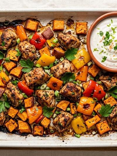 Sheet Pan Jerk Turkey Bites with Coconut-Lime Yogurt Dip