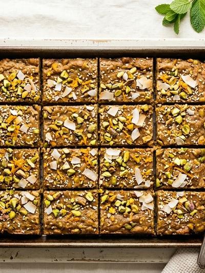 Sheet Pan Mediterranean Orange-Pistachio White Bean Protein Bars