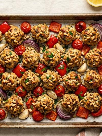 Sheet Pan Mediterranean Turkey and Pine Nut Bites with Lemon-Herb Yogurt