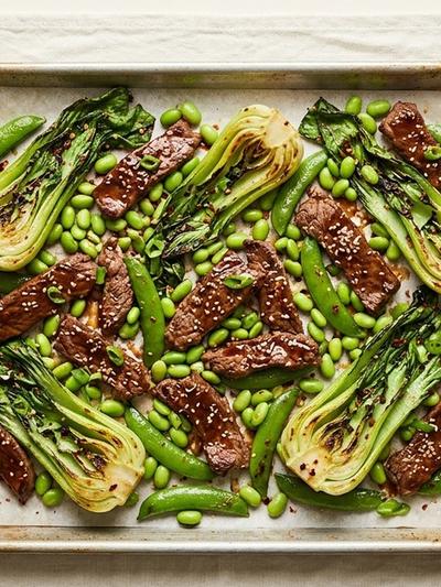 Sheet Pan Miso-Ginger Beef with Roasted Bok Choy and Snap Peas