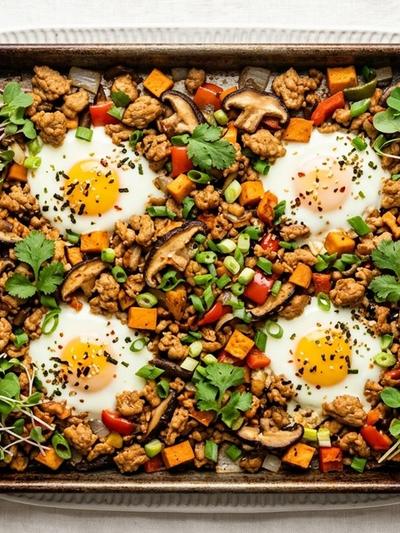 Sheet Pan Miso Turkey Breakfast Hash with Shiitake and Baked Eggs