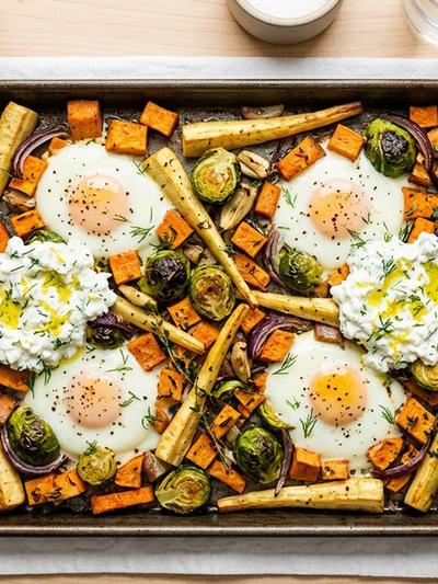 Sheet Pan Nordic Root Vegetable and Egg Bake with Dill Cottage Cheese