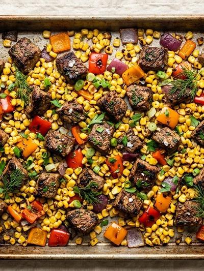 Sheet Pan Ranch Sirloin Bites with Roasted Corn and Peppers
